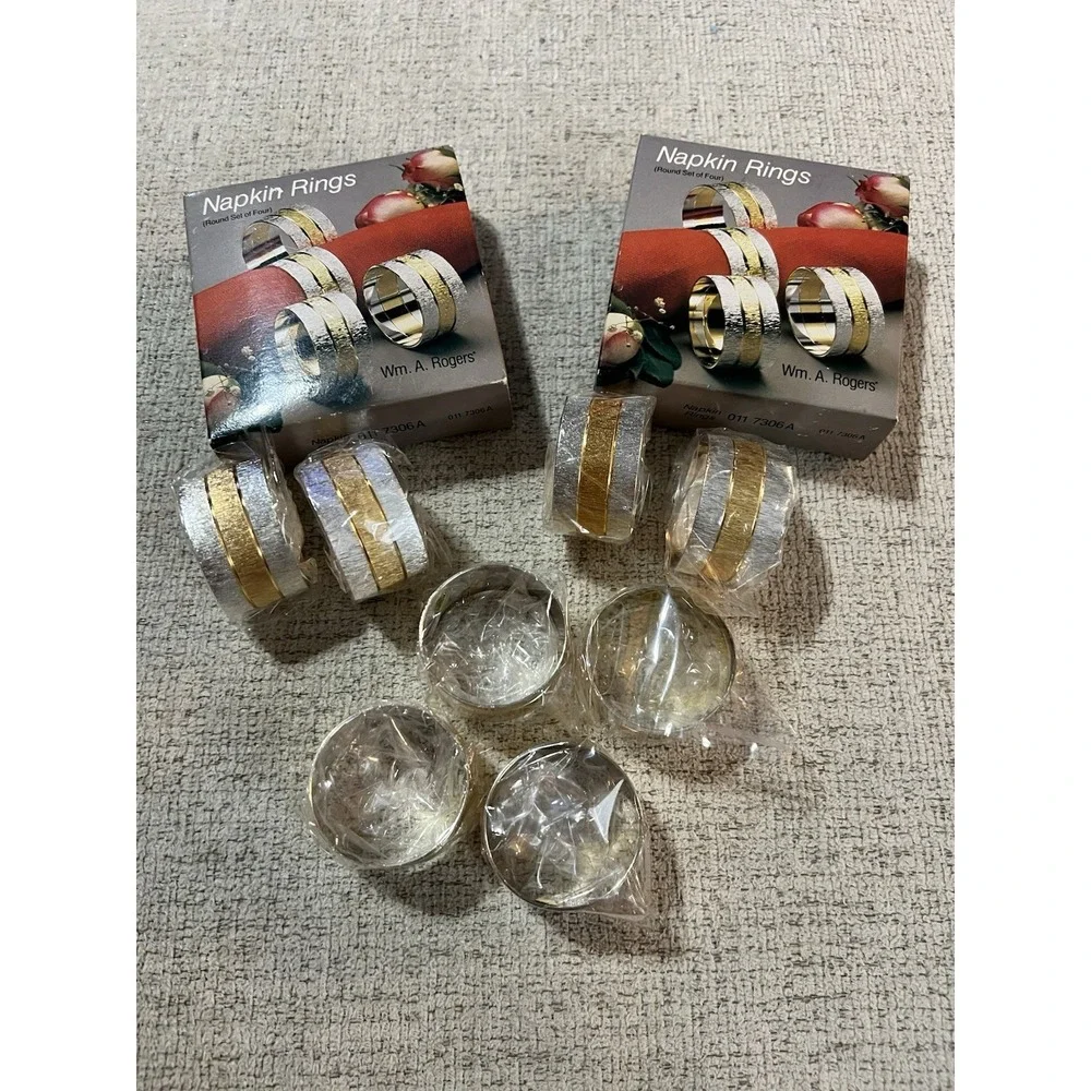 Wm. A Rogers Vintage Silver and Gold Plate‎ Set of 8 Napkin Rings New in Package
